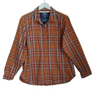 REI Wallace Lake orange rust plaid cotton flannel button down blouse top shirt
